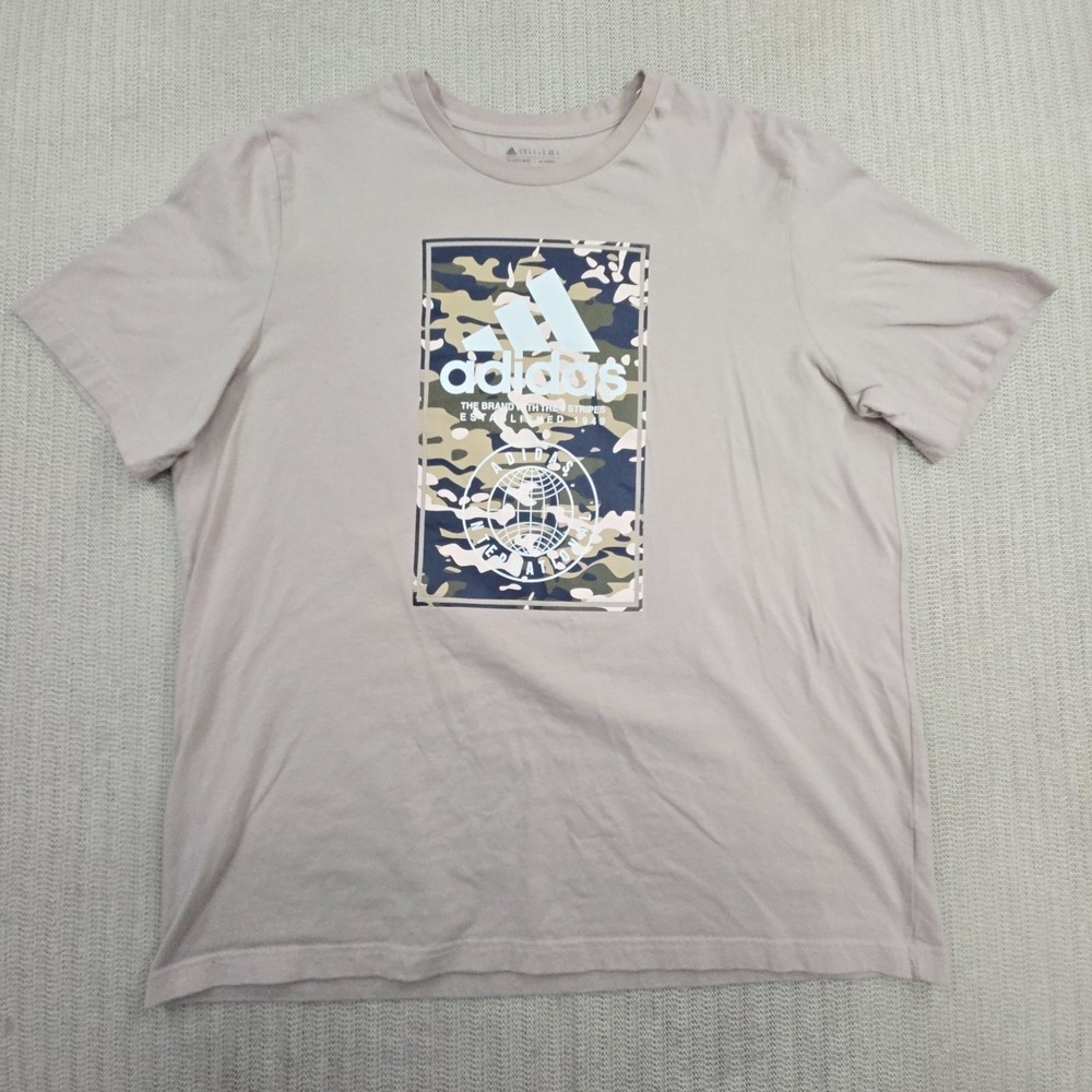 Adidas Shirt Mens XL Beige Short Sleeve Camo Cotton Graphic Tee Casual